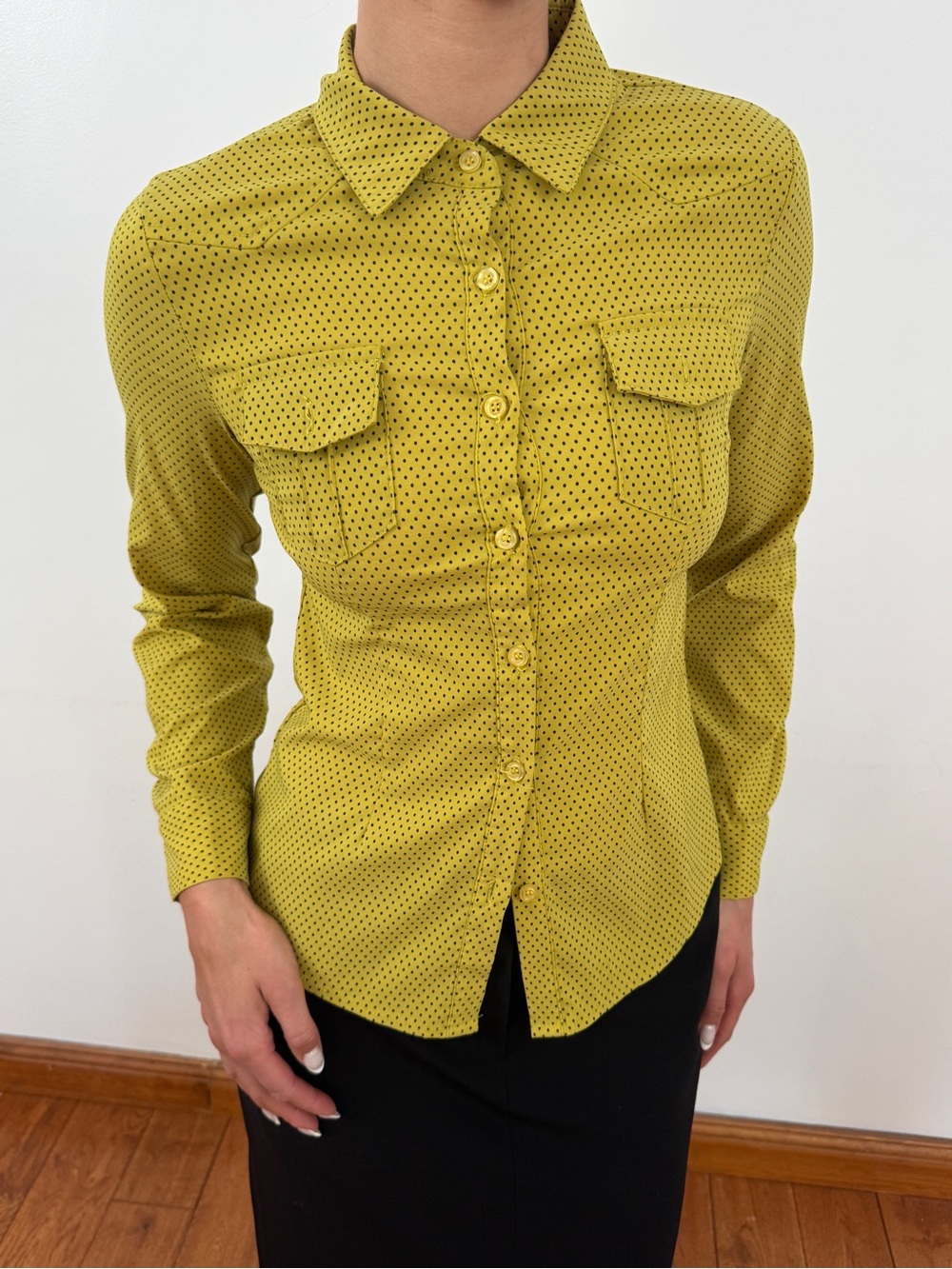 Yellow Button-Up Shirt with Subtle Polka Dot Print
